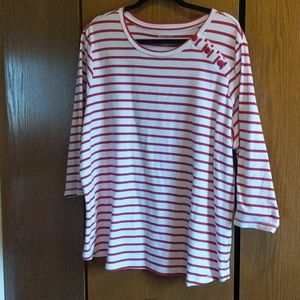 Striped embellished button tee 3/4 sleeve